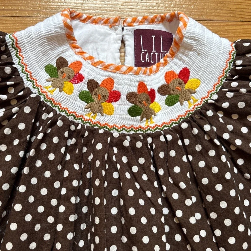 Lil Cactus Turkey Smocked Dress Toddler Brown Polka‎ Dot Gingham SIZE 2T